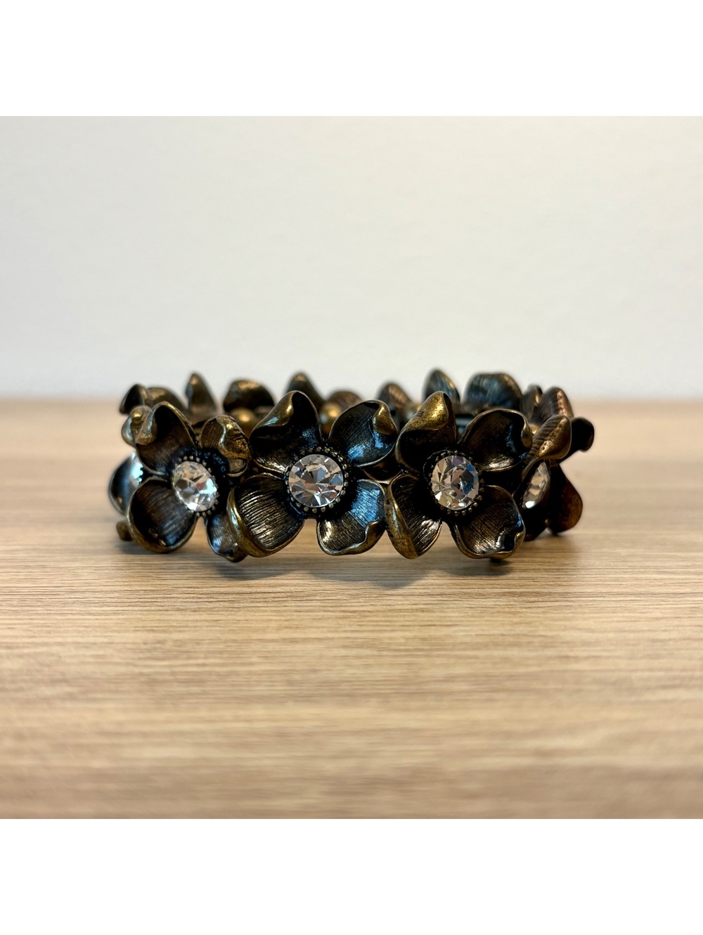 Vintage Floral Rhinestone Stretch Bracelet Bronze Statement 1960s 70s Homecoming